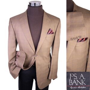 Jos A Bank Blazer Sz 42R Windowpane Beige Sports Coat Suit Jacket Wool/Silk EUC